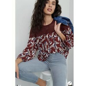Mynahs Renyu Taandon Anthropologie Burgundy Red Floral Crochet Top Blouse Sz XS